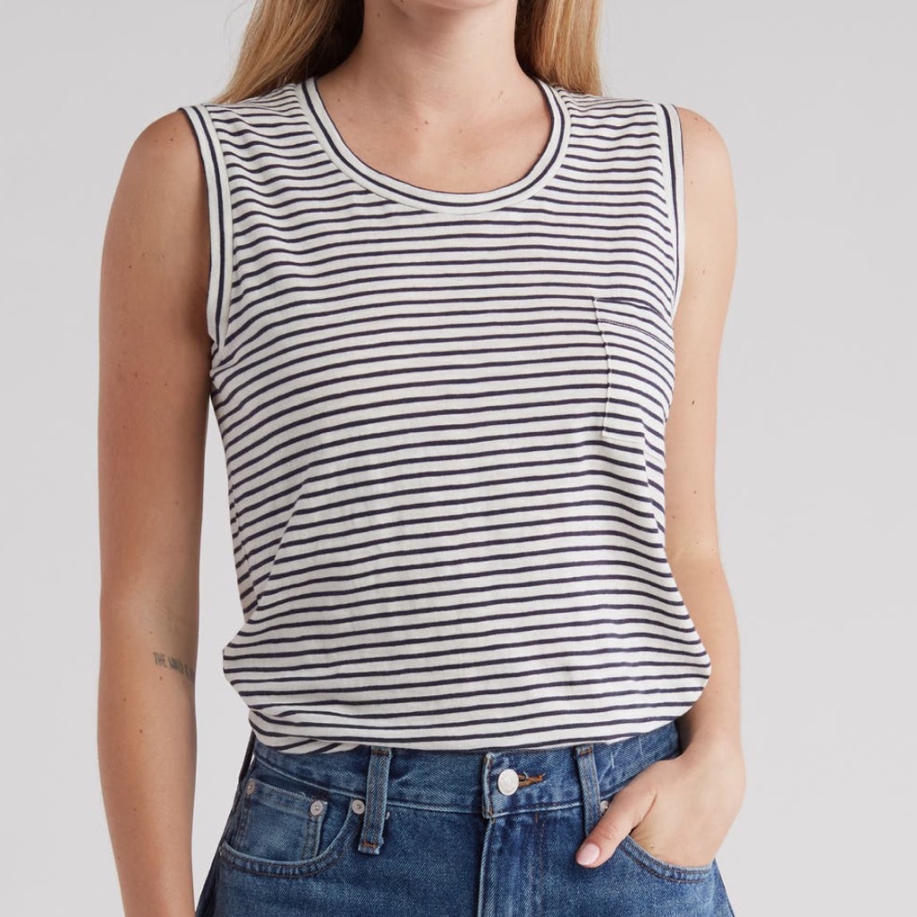 Madewell White With Navy Stripes Pocket Muscle Tank